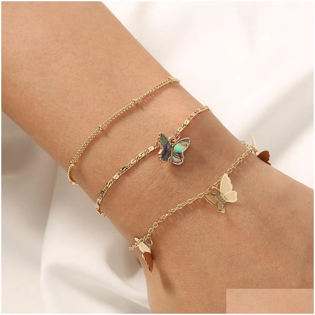 Identification Simple Butterfly Shape Bracelet Chain Ankelt Beach Foot Sandal Stackable For Women Gift 3Pcs/Set Drop Delivery Jewelry Dhid0