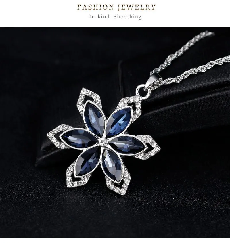 Flower Necklace Earring Set Jewelry for Women Girls Ladies Navy Blue Crystal Rhinestone Diamond Pendant Charm Silver Gift Jewellery Sets