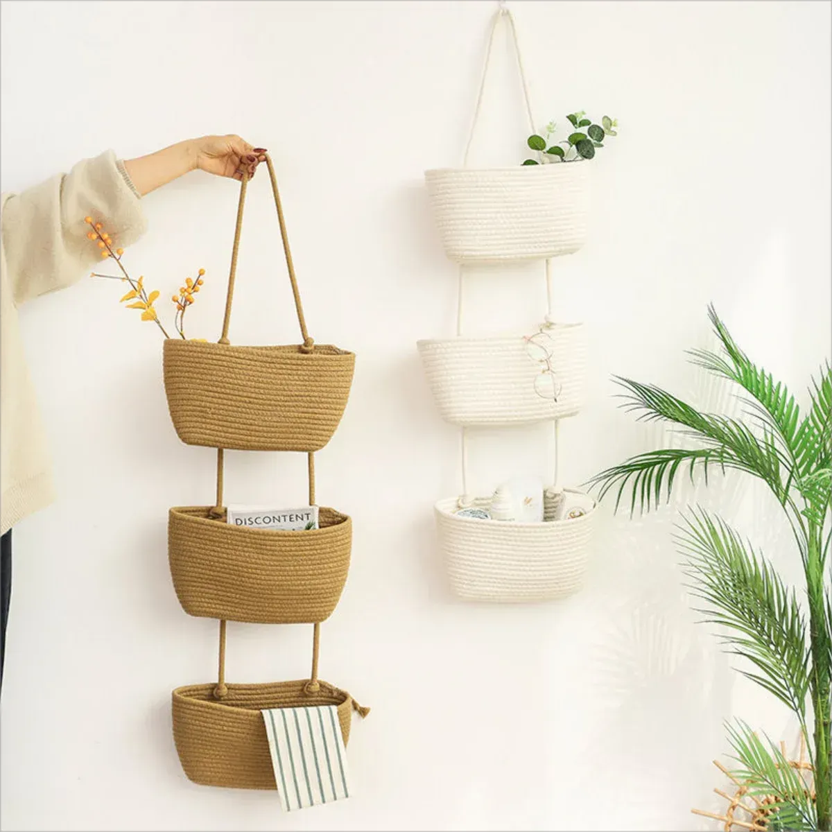 Baskets Wall Hanging Cotton Rope Woven Storage Basket Organizer 3 Tier Multipurpose for Home Bedroom Dormitory Toys Book Organization