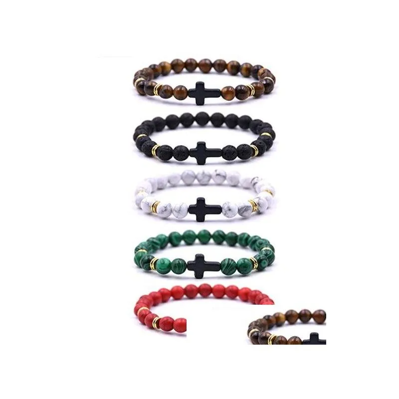Identification Personality White Turquoise Volcanic Rocks Tigerss Eye Bead Bracelet Men Womens Natural Gemstone Cross Charms Stackabl Dhzhn