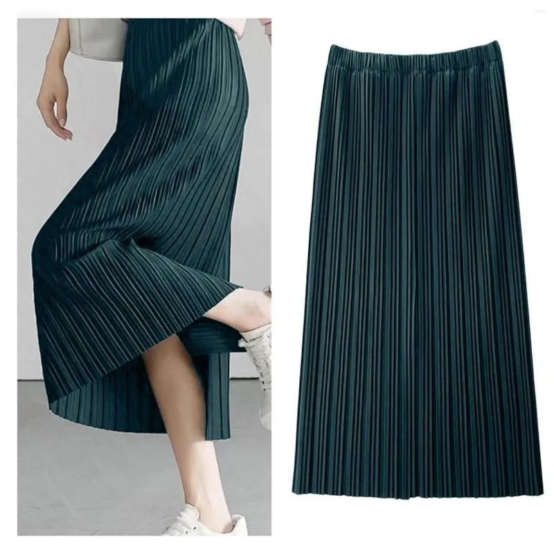 Skirts Women`s Temperament Pit Stripe Pleated Half Body Skirt Solid Colour Casual Long Versatile Slim Package Hip Straight