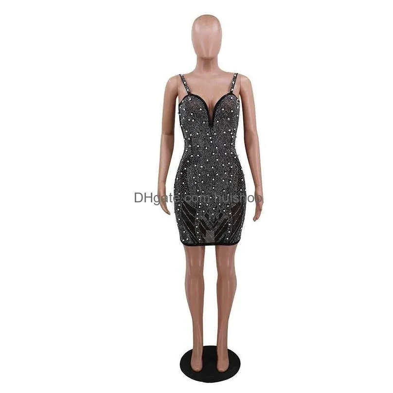 Basic Casual Dresses Sexy Beyprern Sparkle Sleeveless Sequins Pearl Crystal Party Dress Glitter Spagetti Straps Bodycon Celebrities Dhkai
