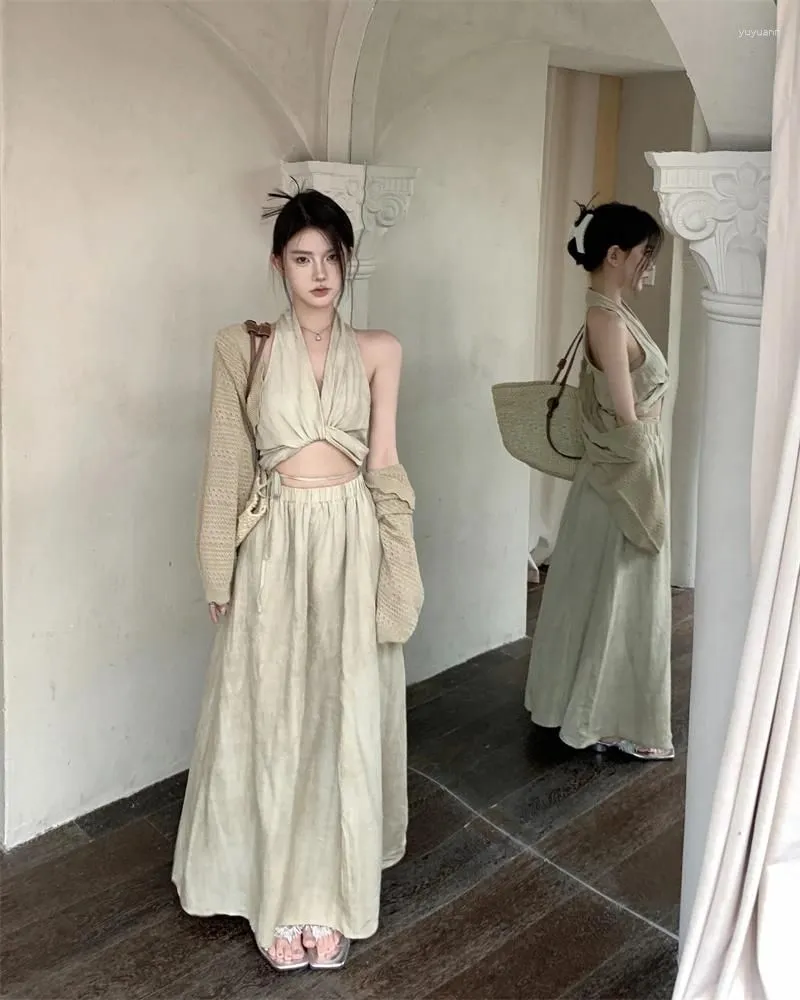 Work Dresses Girl Casual Suit Women`s Summer Knitted Short Coat Halter Neck Slim Top Long Skirt Three-piece Set Fashion Female Clothes