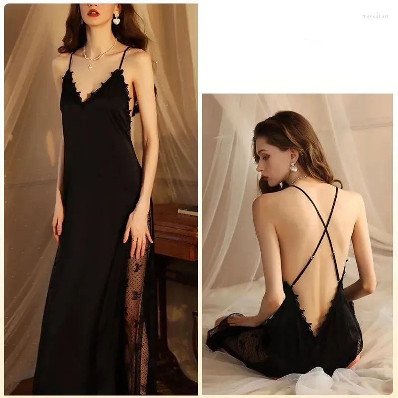 Women`s Sleepwear Night Gown For Women Nightie Sexy Backless Long Nightdress Thin Silk Lace Summer Nightgowns Ladies Pajama Dress