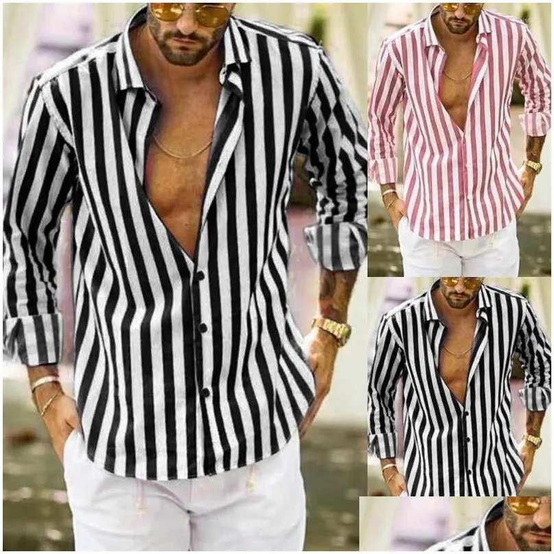 Men`S Casual Shirts Mens Black Loose Fit Top Men Fashio Long Striped Vertical Button Sleeve Dress Down Romper Drop Delivery Apparel C Dhgpk