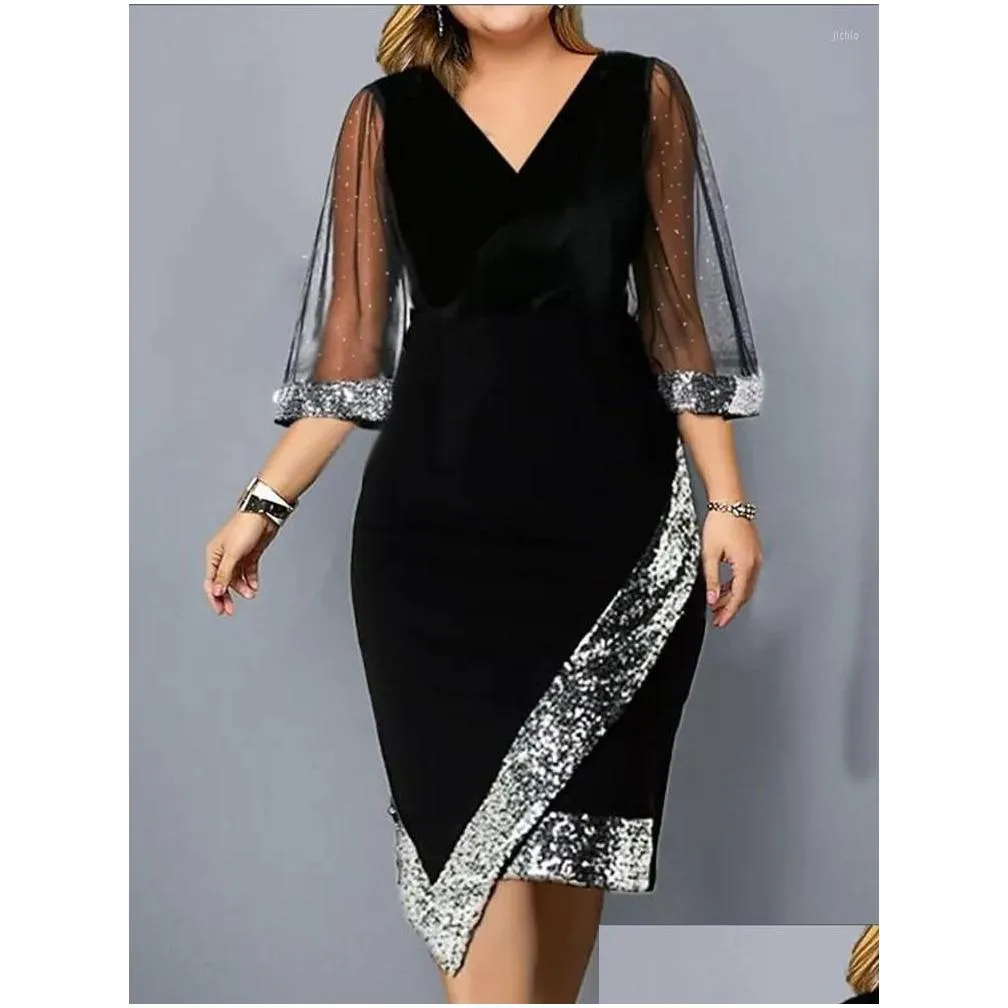 Basic & Casual Dresses Elegant Womens Plus Size Dress 2023 Sequin Evening V Neck Mesh Sleeve Spring Summer Midi Black For Drop Delive Dhh2B