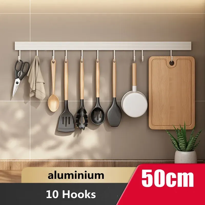 Rails Wall Mounted Kitchen Hook Rack NoPunching Wall Hangers Rail Kitchen Utensils Rack Spoon Shovel Chopping Board Storage Rack