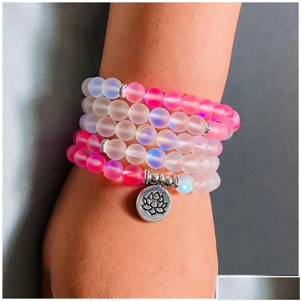 Beaded Sn1408 Matte Pink Mermaid Quartz 108 Mala Bracelet For Women High Quality Throat Chakra Nce Yoga Beads Jewelry Drop D Dhgarden