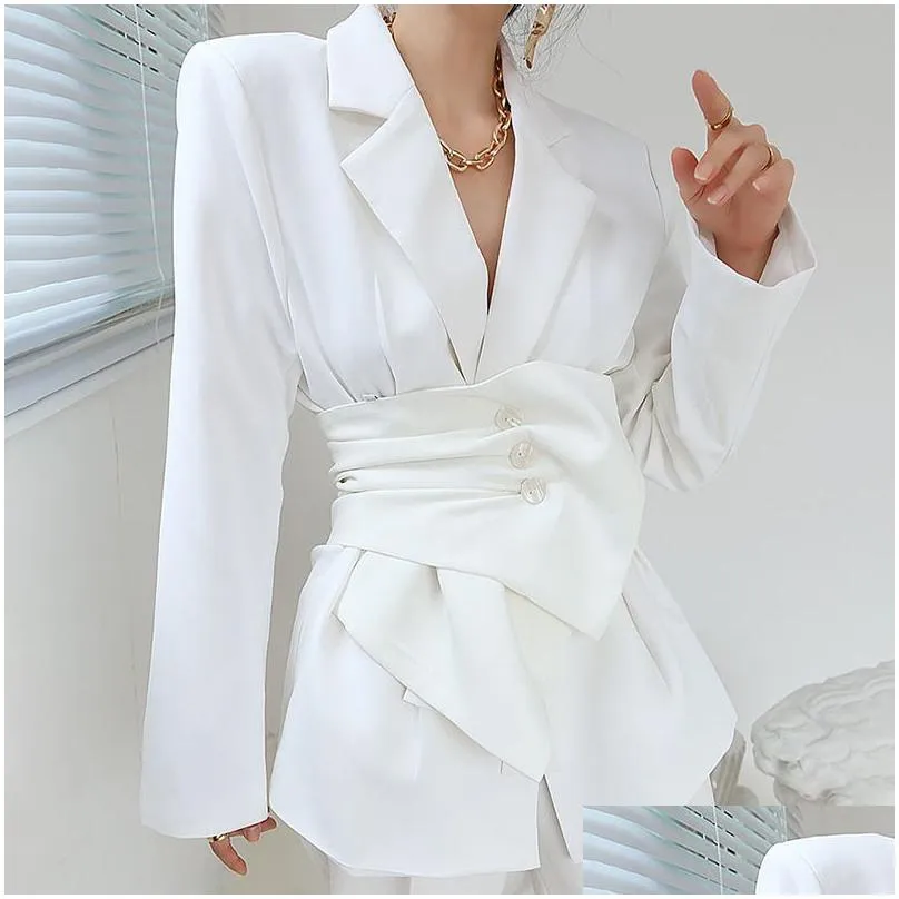 Women`S Suits & Blazers Womens White Minimalist Women Notched Long Sleeve Sashes Elegant Female Fashion Clothing Drop Delivery Appare Dhfud