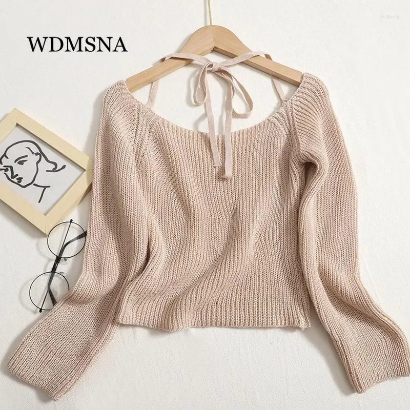 Women`s Sweaters WDMSNA Sexy V-neck Halter Lace Up Sweater Womens Long Sleeve Knitted 2023 Autumn Slim Sueter Mujer Crop Top Women