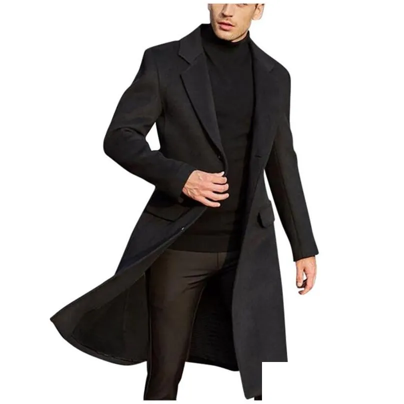 Men`S Wool & Blends Mens Fashion Single Breasted Long Coat Men Thicken British Style Solid Color Fashionable Warm Woolen Overcoat 3 Dr Dhtb2