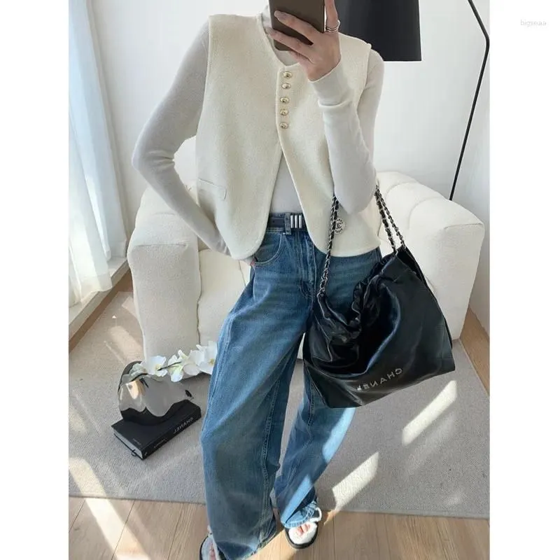 Women`s Vests Autumn Gold Bean Button Knitted Cardigans Women Round Neck Sleeveless Straight Tops