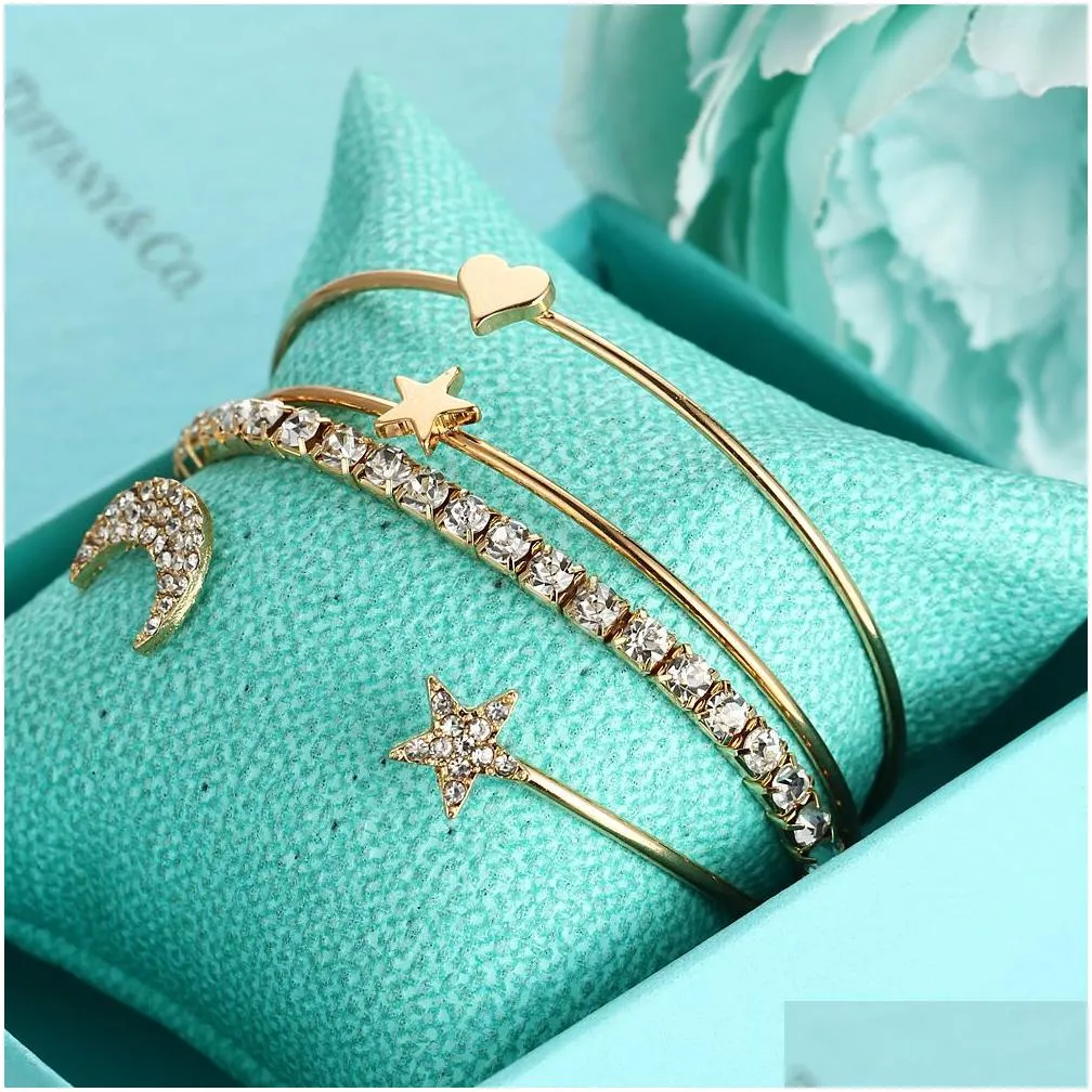 Cuff 4Pc/Set Womens Fashion Gold Bangle Open Bracelets Jewelry Moon Stars Bangles Simple Drop Delivery Dhdey