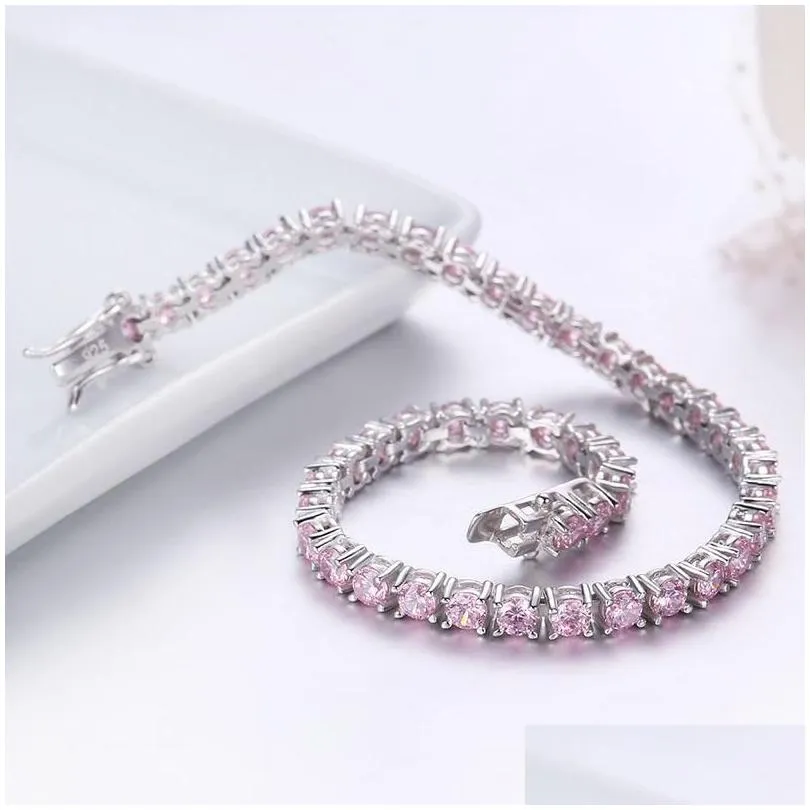 bangle 3mm 925 sterling silver cluster round pink cz ziron tennis bracelets women pulseras pulseira bracelete jewelry girl friend gift