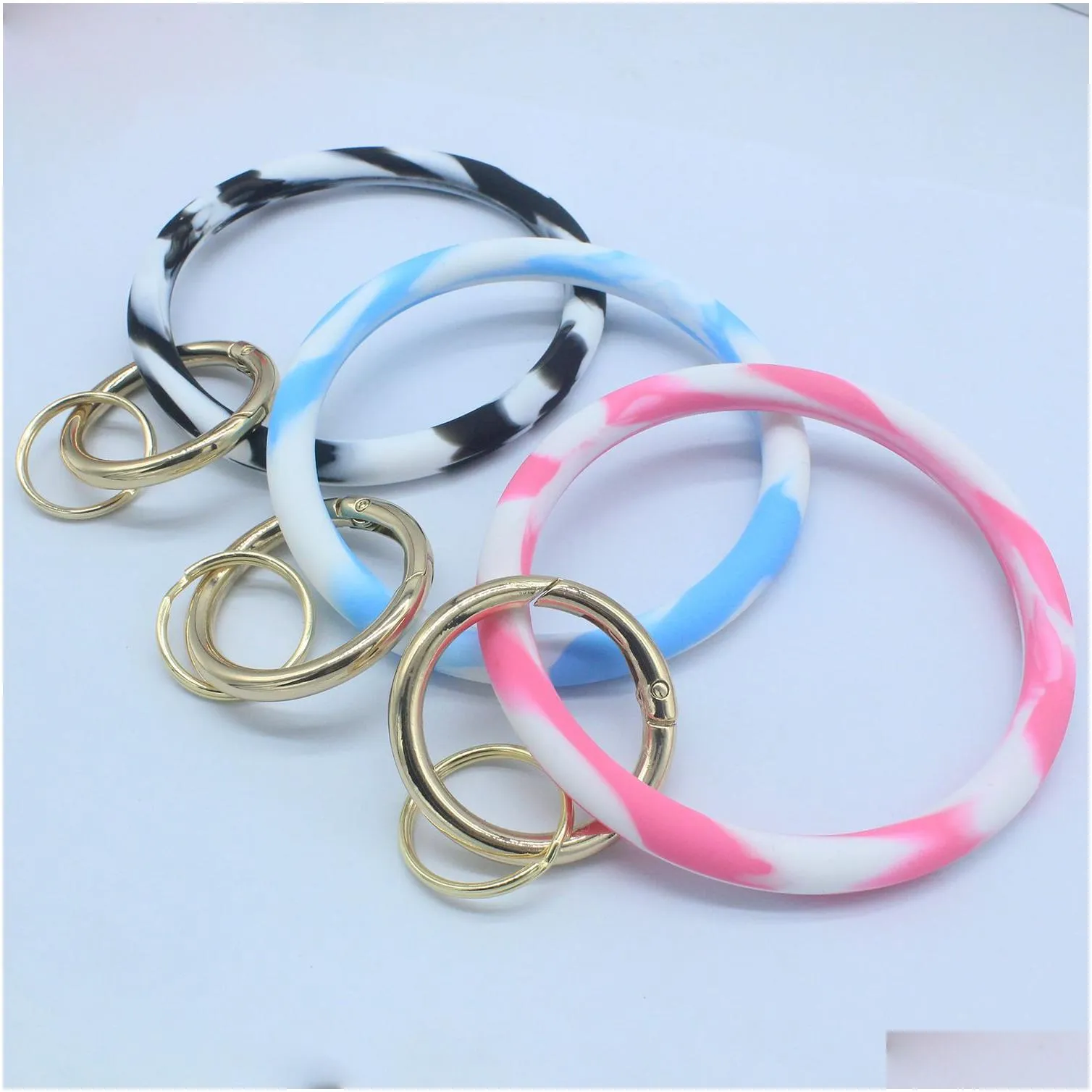 Key Rings Ins New Fashion Monogrammed Sile Wristlet Pink Blue Camouflage Bracelets Bangle Keyring Large Circle Keychain Bracelet Hold Dhsap