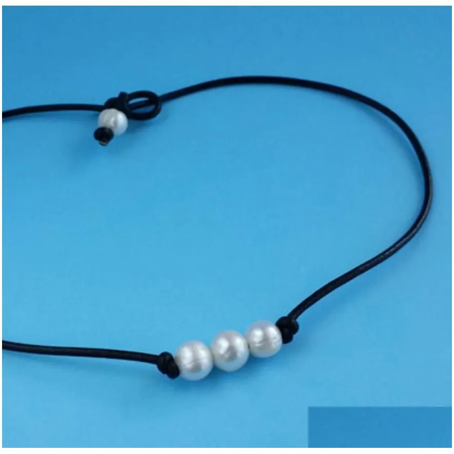 Pendant Necklaces Luxury Womens Freshwater Pearl Necklace Leather Chain Single Three Pear Turquoise Stones Handmade Men Drop Delivery Dh5Wm