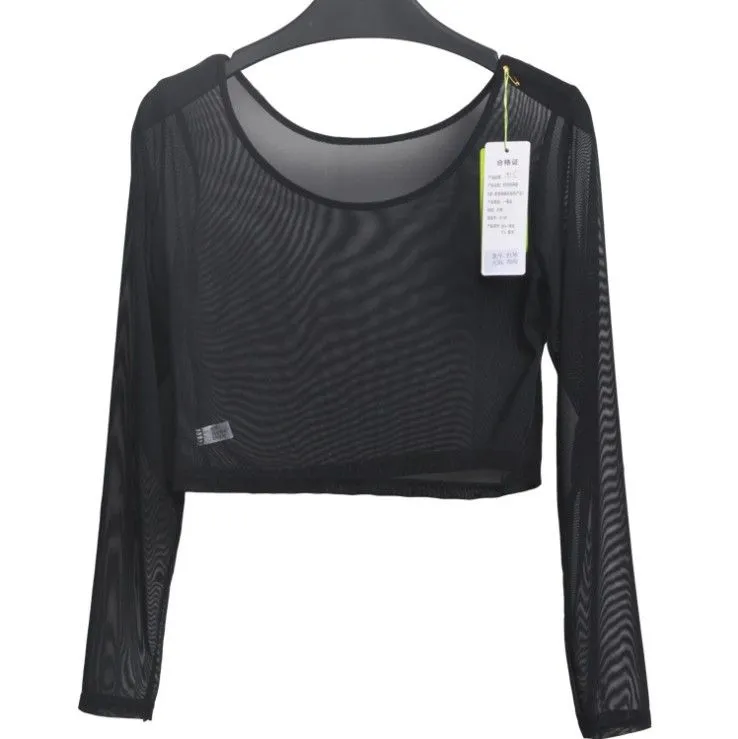 Wholesale-8 Colors Women Sexy Slim Semi-transparent Mesh Crop Tops Girl Long Sleeve Short T-Shirts Tees Single Layer Mesh