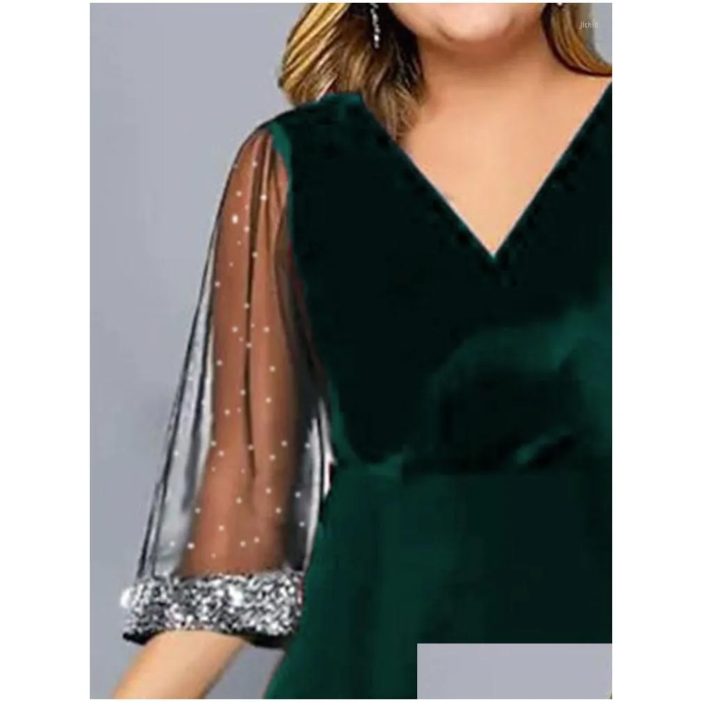 Basic & Casual Dresses Elegant Womens Plus Size Dress 2023 Sequin Evening V Neck Mesh Sleeve Spring Summer Midi Black For Drop Delive Dhh2B