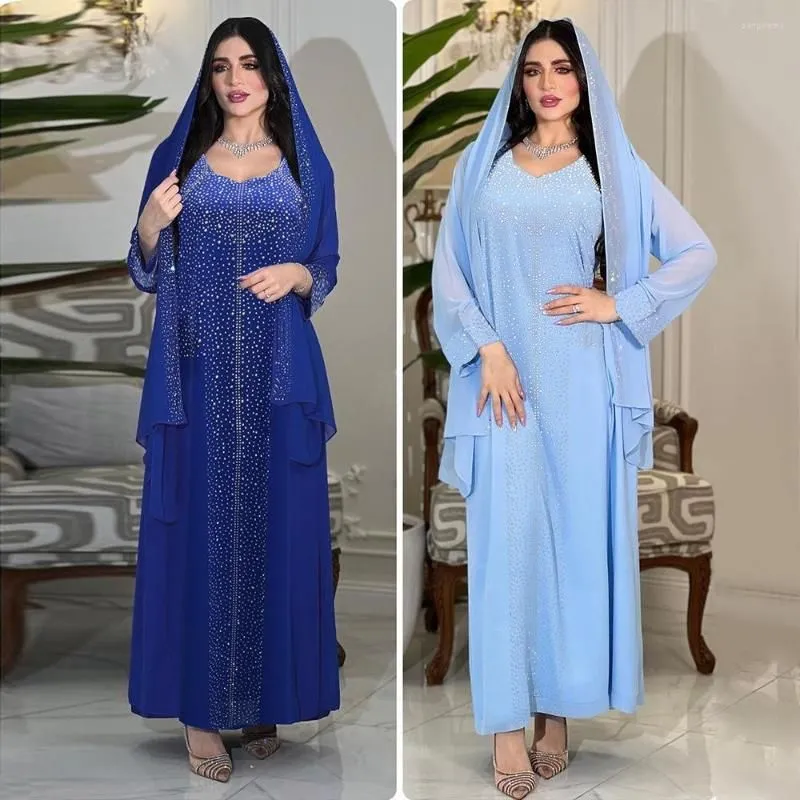 Ethnic Clothing Abaya Dress Muslim Elegant Long Sleeve V-neck Blue Pink Diamonds Party Evening Maxi Fashion