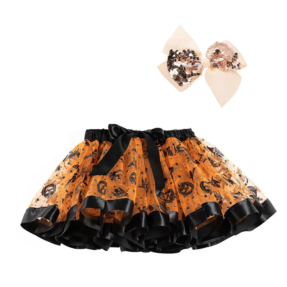 Fancy Mini Skirt Girl Halloween Skirt Pumpkin Lantern Print Costume Sequin Bow Skirts Party Pettiskirt Kids Holiday Tutu