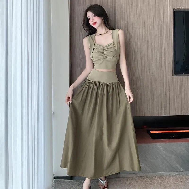 Work Dresses Two Piece Skirt Set Women`s Suit Y2k Clothes Summer 2023 Sexy Outfit Cropped Top And Midi Chic Elegant Female Clothing