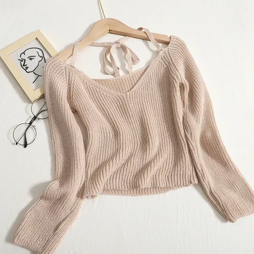 Women`s Sweaters WDMSNA Sexy V-neck Halter Lace Up Sweater Womens Long Sleeve Knitted 2023 Autumn Slim Sueter Mujer Crop Top Women