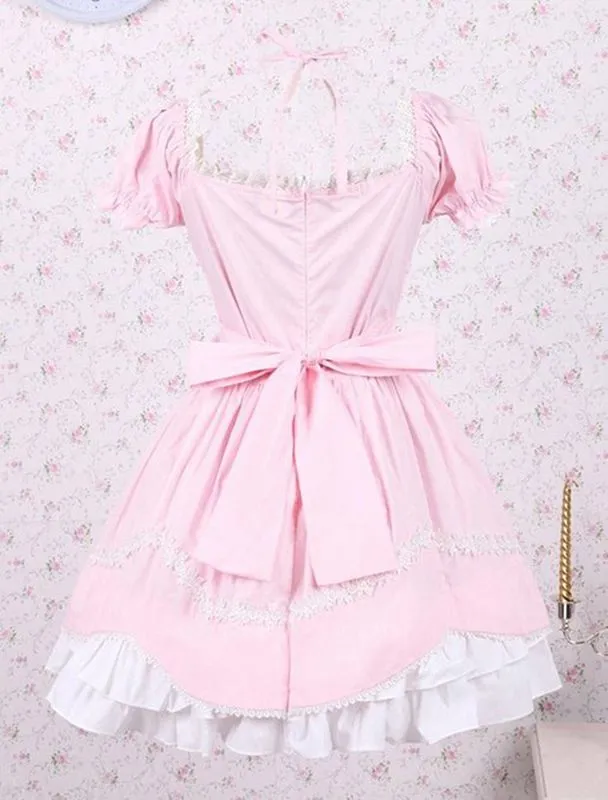 Can be Custom 2018 Pink and White Short Sleeve Bow with Tie Gothic Victorian Lolita Dresses For Women Customized
