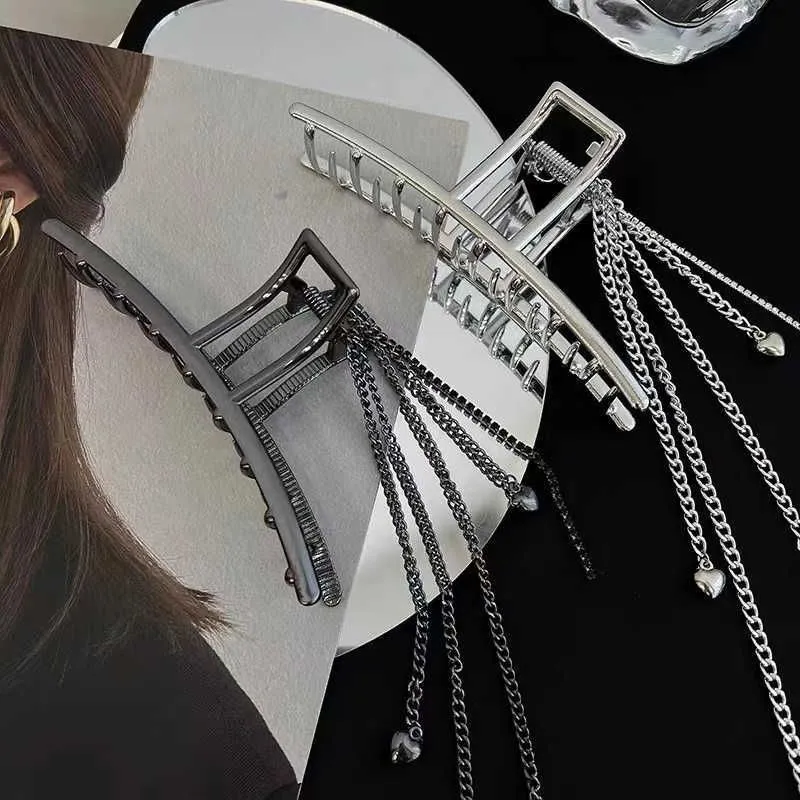 Dangle Chandelier New Metal Tassel Chain Crab Hair Clips For Women Big Silver Color Barrettes Hairpins Fashion Hair Accessories Headdress Hairpin