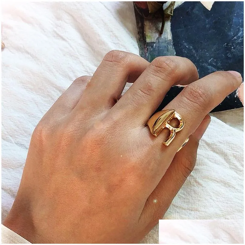 Band Rings Womens New Fashion Gold 26 Letters Ring Personality Alphabet A C H M Y Adjustable Diy Jewely Drop Delivery Jewelry Dhow7