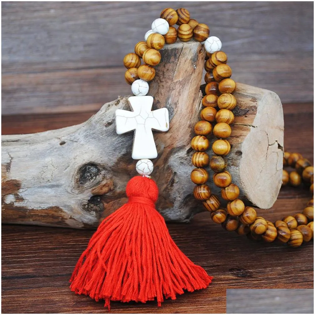 Pendant Necklaces Womens Boheimian Fashion Long Chain Wood Beads Tassel Necklace Butterfly Heart Star Cross Turquoise Stone Bead Jewel Dhaix