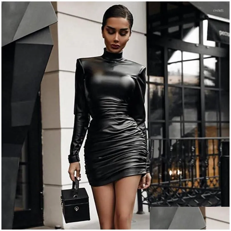 Basic & Casual Dresses Woman Y Pu Leather Dress Spring Autumn Winter Womens High Neck Black Brown Bodycon Robe Drop Delivery Apparel Dhdpk