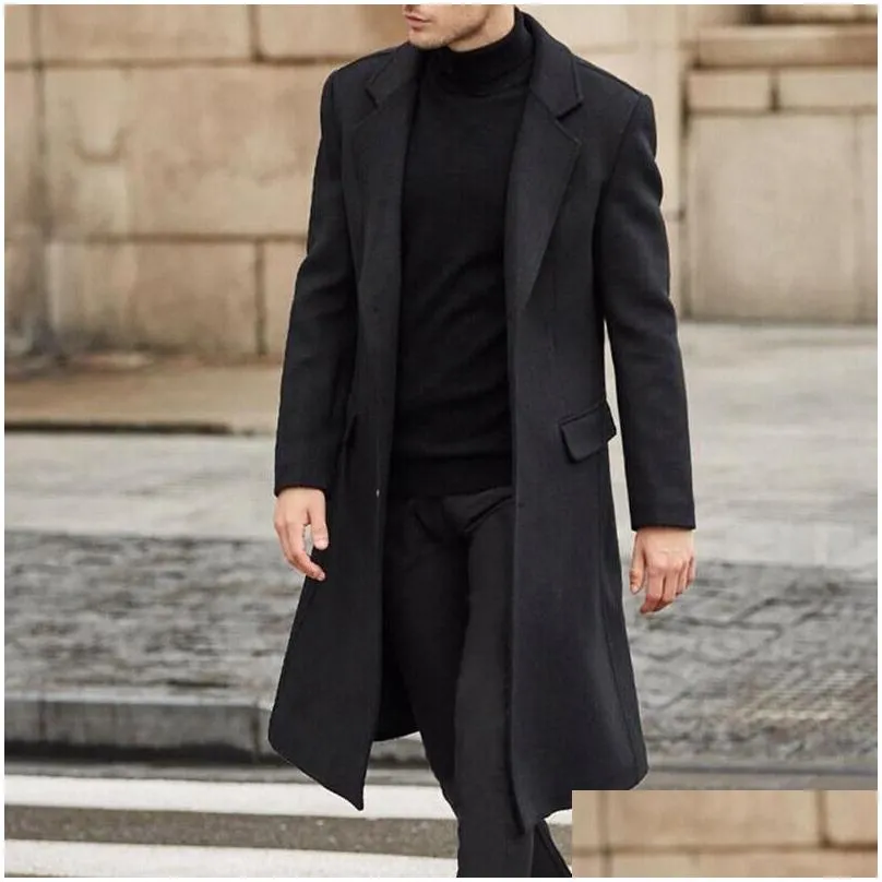 Men`S Wool & Blends Mens Fashion Single Breasted Long Coat Men Thicken British Style Solid Color Fashionable Warm Woolen Overcoat 3 Dr Dhtb2