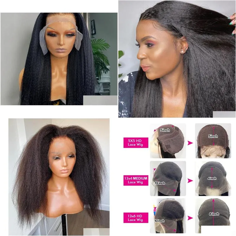 Transparent Kinky Straight 13x6 Lace Frontal Wigs Yaki Straight Human Hair Wig Pre Plucked Glueless Lace Closure Wig 250 Density