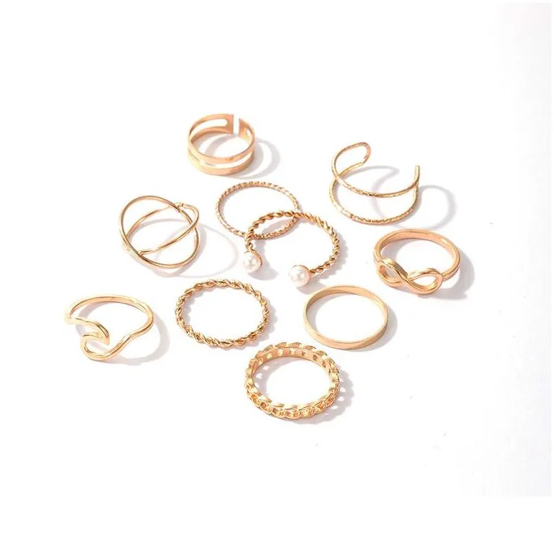 Band Rings 10Pcs Minimalist Thin Open Gold Classic Pearl Wave Cross Style Finger Ring Jewelry Gift For Drop Delivery Dhvdl