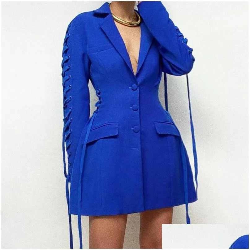 Women`S Suits & Blazers Womens Blazer Dress Women Elegant Fashion Luxury Blue Single Breasted Button Pocket Notched Slim High Quality Dhwtz