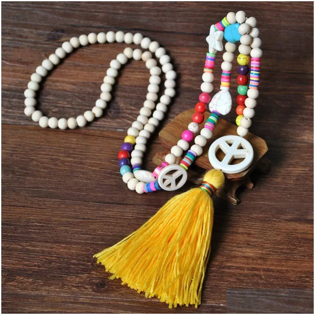 Pendant Necklaces Womens Fashion Long Chain Colorf Wood Beads Tassel Necklace Heart Cross Star Lovely Diy Jewelry Drop Delivery Pendan Dhqao