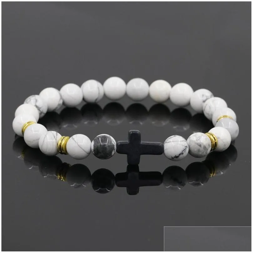 Identification Personality White Turquoise Volcanic Rocks Tigerss Eye Bead Bracelet Men Womens Natural Gemstone Cross Charms Stackabl Dhzhn