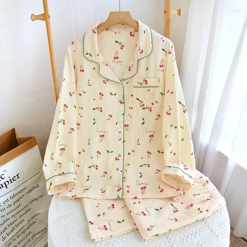 Women`s Sleepwear 2023 Pajamas Autumn Spring Long Sleeve Soft Set Cherry Print Pyjama Woman Home Nightwear Cardigan