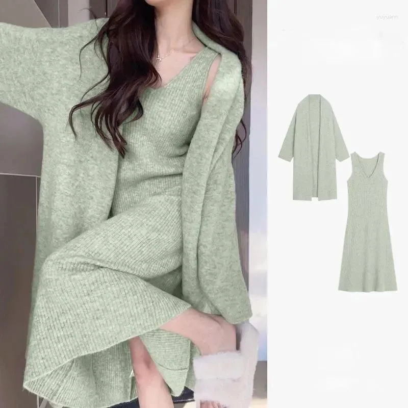 Work Dresses Autumn Green Knitted Sweater Dress Set Women Korean Fashion Long Sleeve Cardigan Coat A-line Two Piece