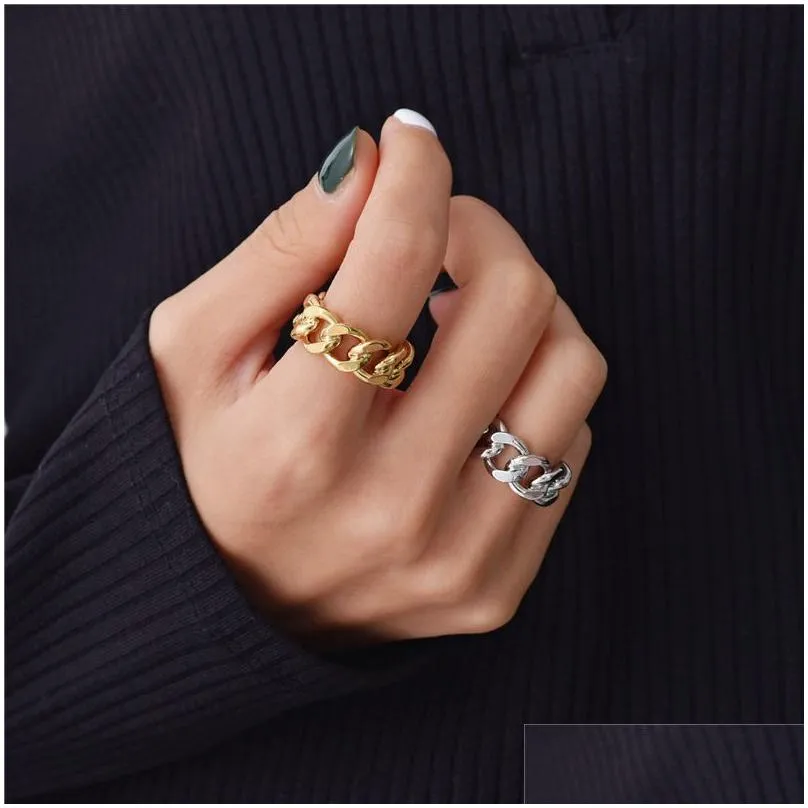 Band Rings Selling Cuban Link Chain Style Finger Ring Personality Sier Gold Adjustable Men Womens Glod Filled Jewelry Gift Drop Deliv Dhjmb