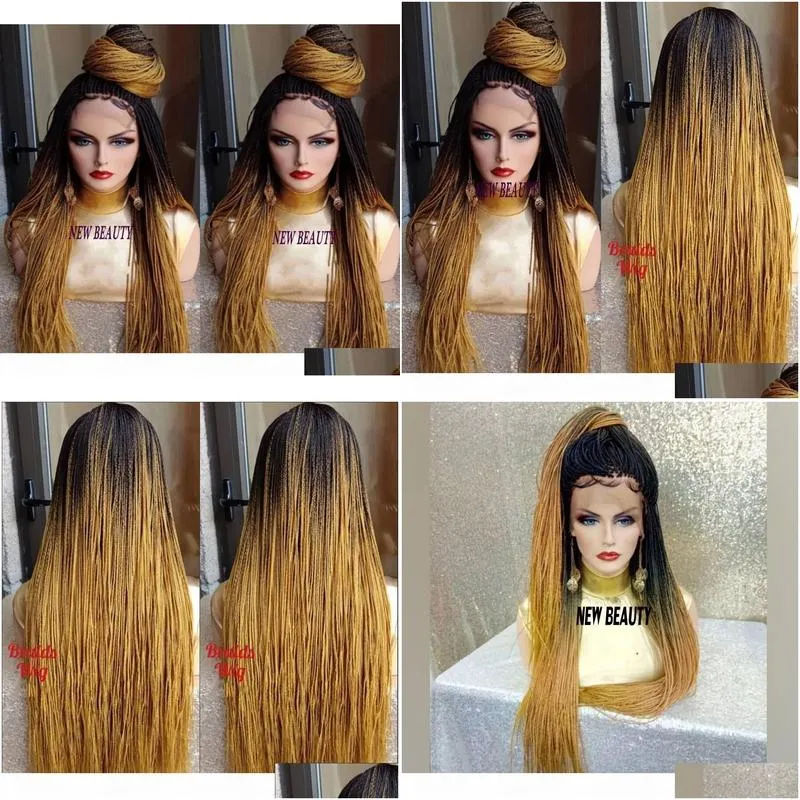 2019 New Style Ombre Light Brown micro Braided Wigs with Baby Hair Long Braids Wigs Glueless Synthetic Lace Front Wig for Black