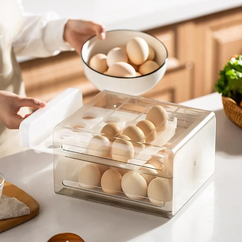 Organization 32 Grids Double Egg Storage Box  Keep Kitchen Eggs Tray Drawertype Refrigerator Food Organizer