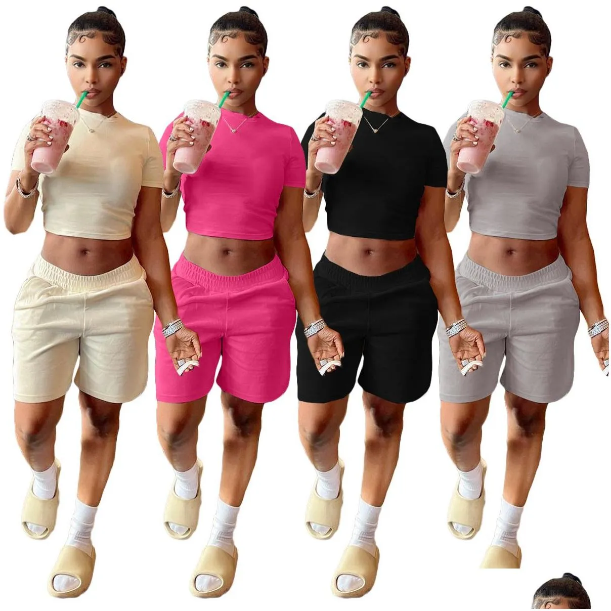 Women`S Tracksuits Womens Solid Color Round Neck Y Crop Top And Casual Shorts Sweatsuits Summer Arrival Two Piece Set Women Jogger Dr Dhgmg