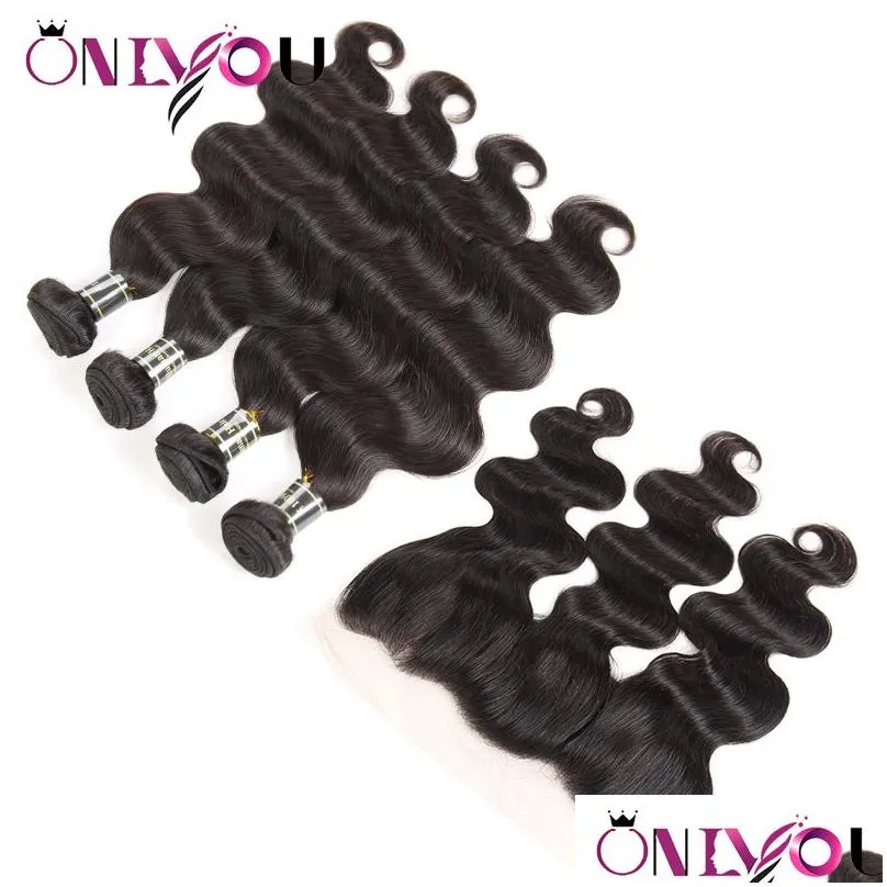 Peruvian Body Wave Bundles with Lace Frontal Brazilian Deep Wave Kinky Curly Virgin Human Hair Weave 34 Bundles with Frontal