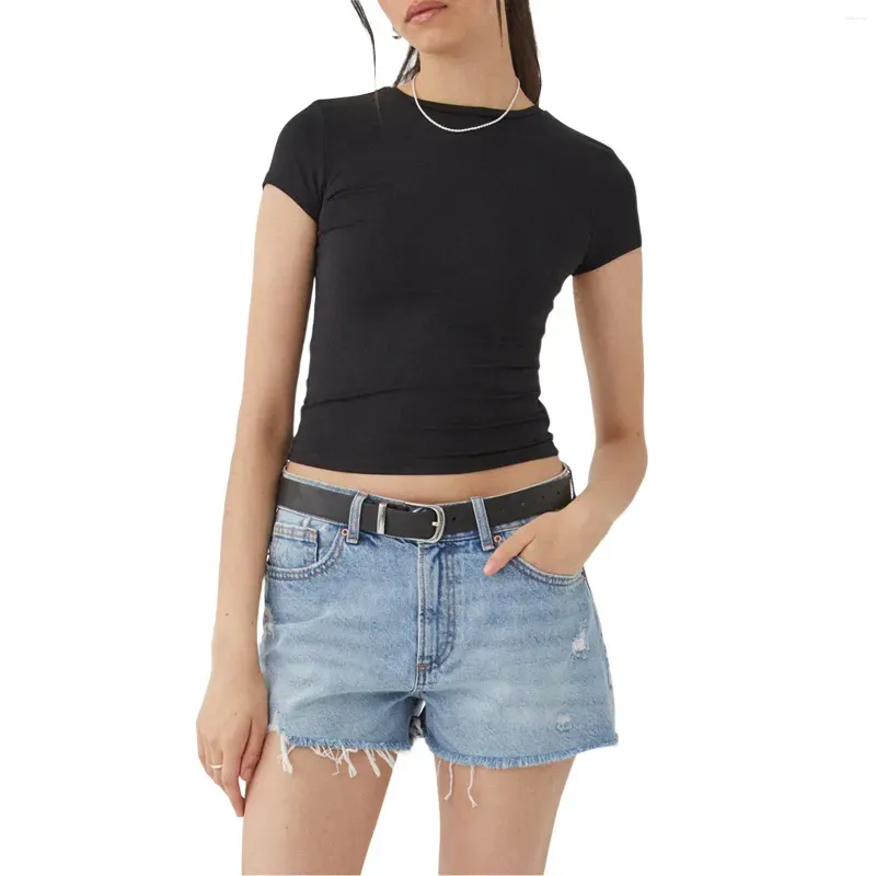 Women`s T Shirts Women Short Sleeve Ribbed Knit Tee Shirt Y2k Tight Summer Going Out Tops Casual Round Neck Basic Solid Top