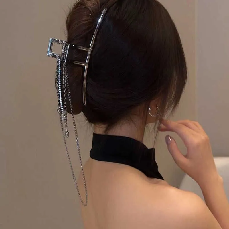 Dangle Chandelier New Metal Tassel Chain Crab Hair Clips For Women Big Silver Color Barrettes Hairpins Fashion Hair Accessories Headdress Hairpin