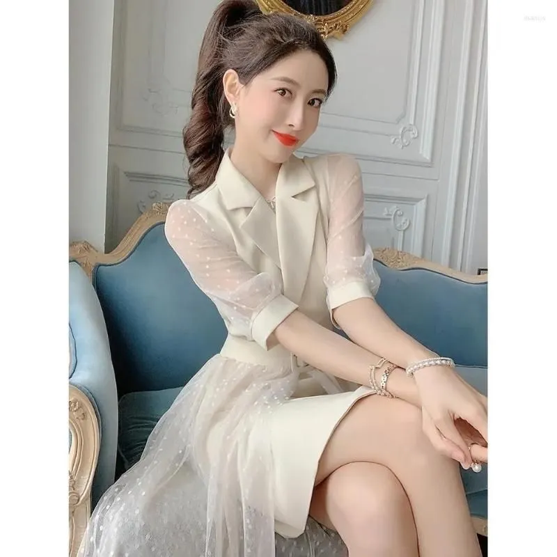 Casual Dresses Summer Women`s Chiffion Button Blazer Dress Office Causal Lady Fashion Sexy See Through Sleeve
