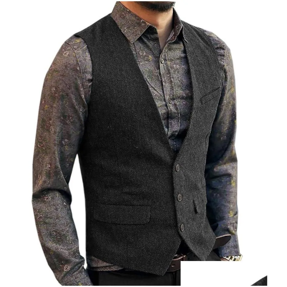 Men`S Vests Mens Suit Vest Wool Herringbone Vintage T Casual Formal Business Waistcoat For Wedding Groomsmen Green/Black/Grey Drop Del Dhzjs