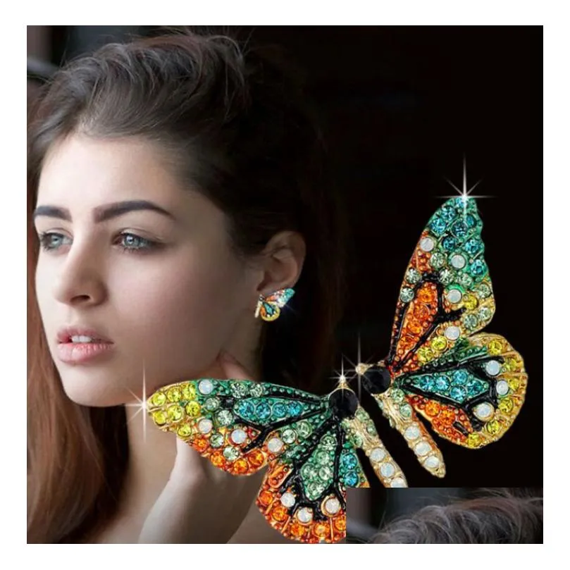 Stud 2021 New Fashion Butterfly Wings Earrings Female Rhinestone Wild Personality Metal Sweet Romantic Jewelry Drop Delivery Dhkrj