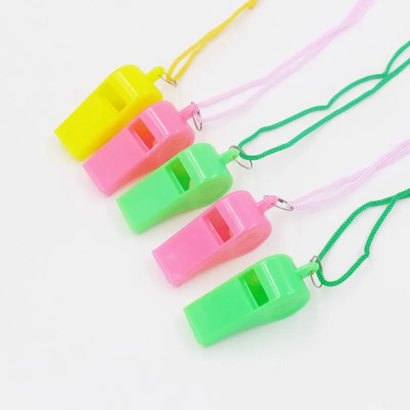 The factory sells colored plastic whistle, children`s ground stall, toy fans competition, referee whistle and rope jewelry directly.